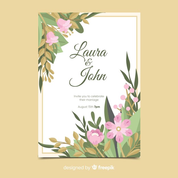 Wedding invitation template with floral elements