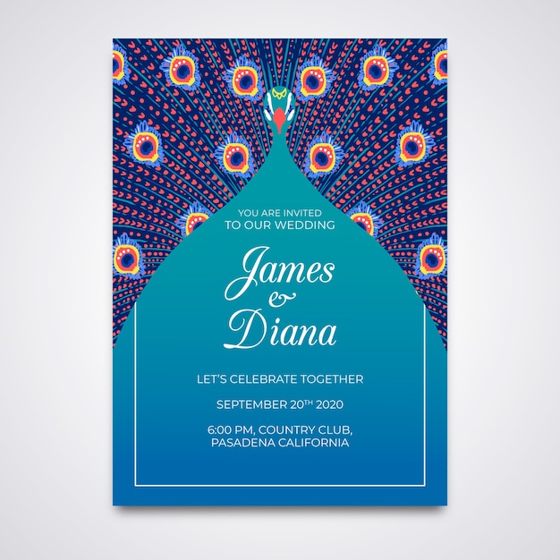 Free Vector wedding invitation template with peacock feathers