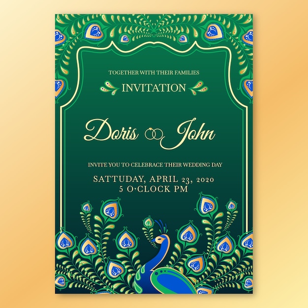 Wedding invitation template with a peacock