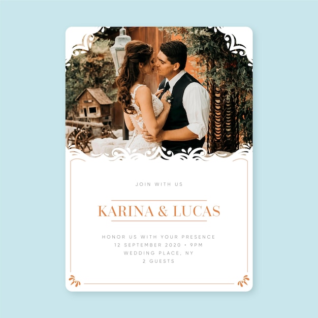 Wedding invitation template with photo of bride and groom