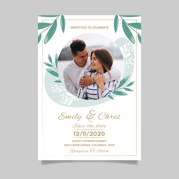 Wedding invitation template with photo of engaged couple