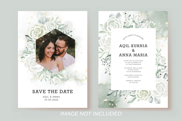 Free vector wedding invitation template with photo frame rose white and greenery leaves watercolor