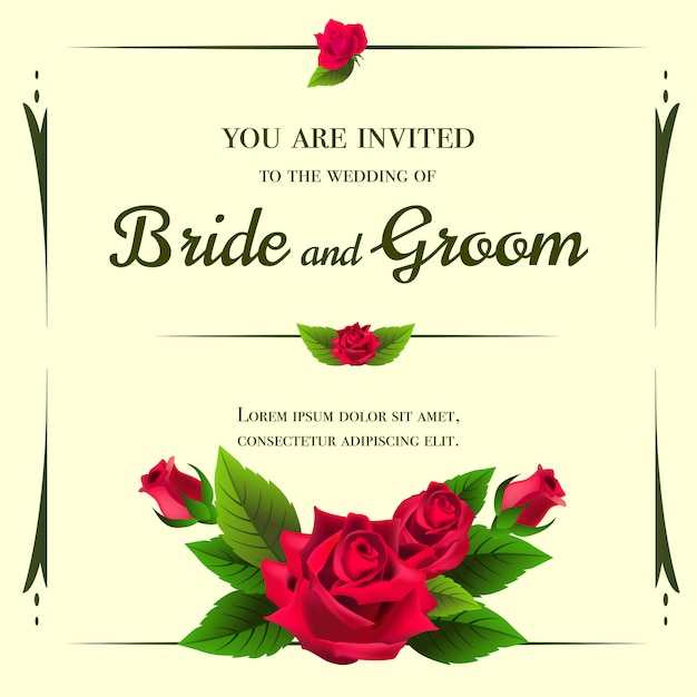 Wedding invitation template with red roses on yellow background. 