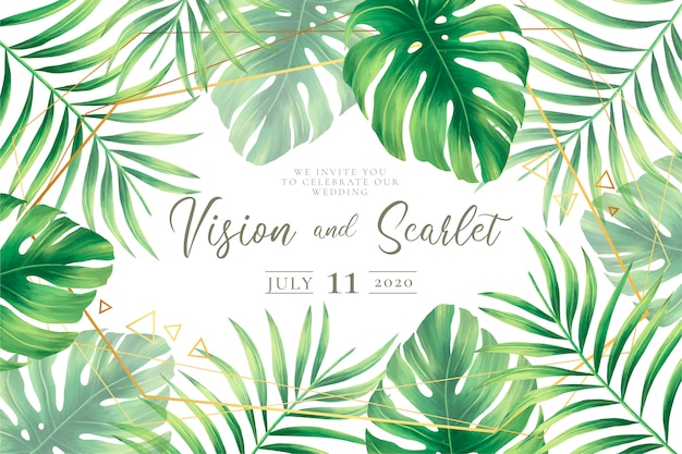 Wedding Invitation Template with Tropical Leaves