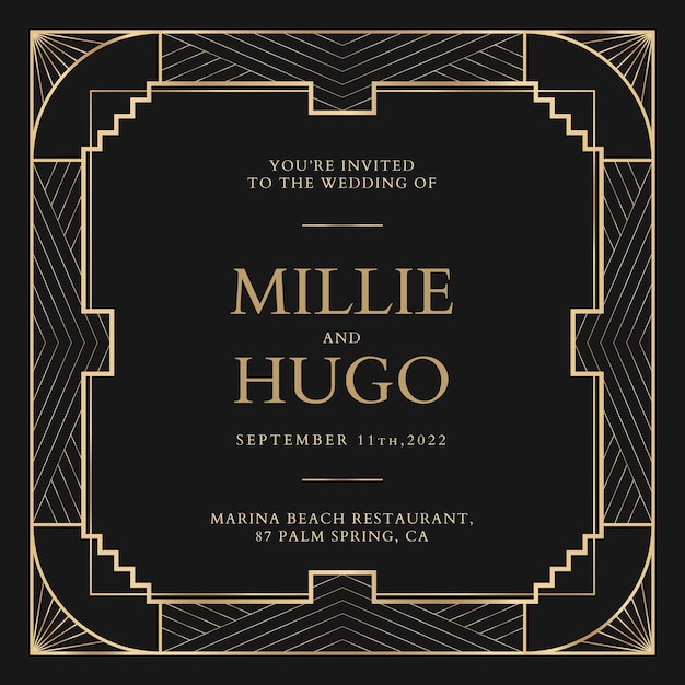 Wedding invitation vector template for social media post with geometric art deco style