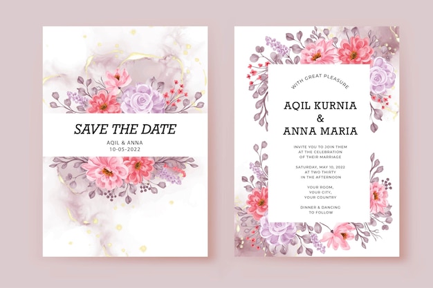 Wedding invitation with beautiful flower frame peach lilac