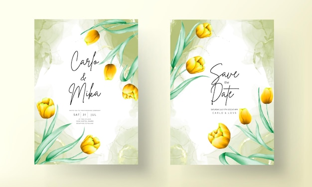 Free Vector wedding invitation with beautiful yellow watercolor tulip flower