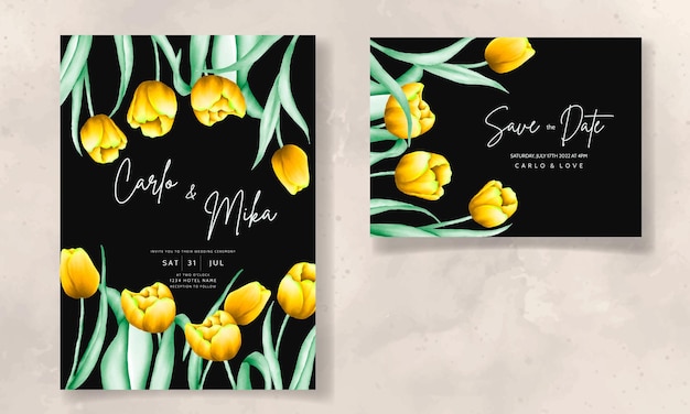 wedding invitation with beautiful yellow watercolor tulip flower