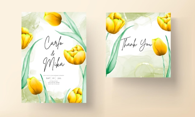 wedding invitation with beautiful yellow watercolor tulip flower