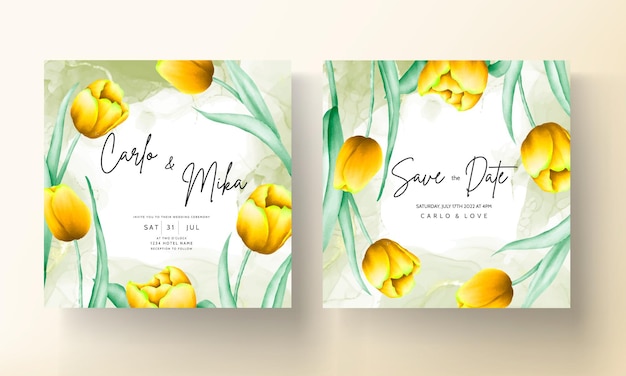 wedding invitation with beautiful yellow watercolor tulip flower