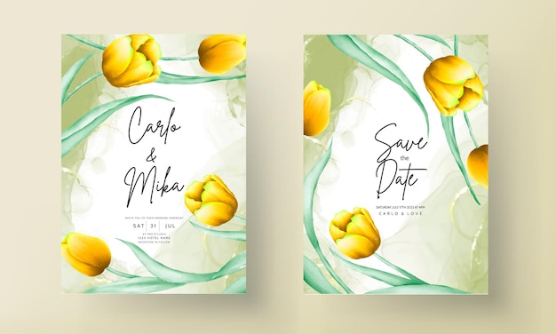 Free Vector wedding invitation with beautiful yellow watercolor tulip flower