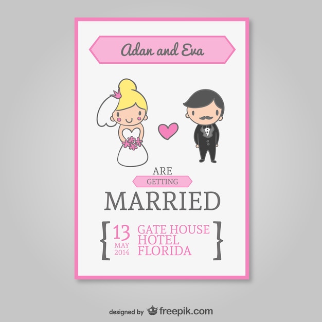 Wedding invitation with cartoon bride and groom