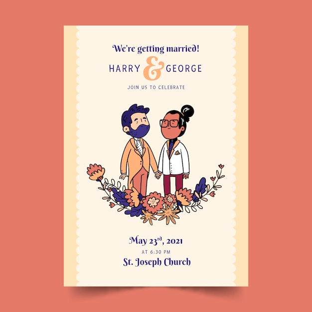 Wedding Invitation with cartoon couple 