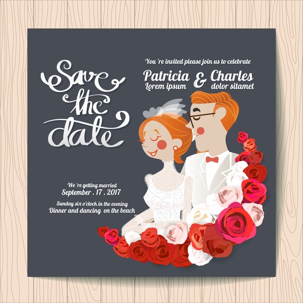 Wedding invitation with characters and red roses