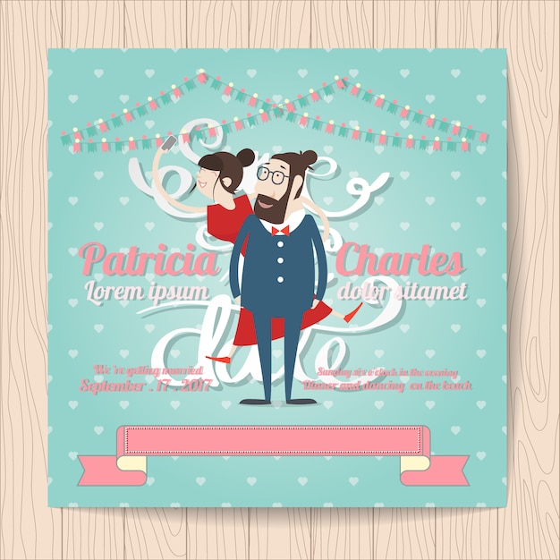 Free Vector wedding invitation with characters and ribbon