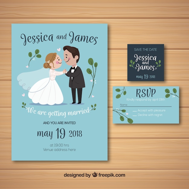 Wedding invitation with cute couple in hand drawn style