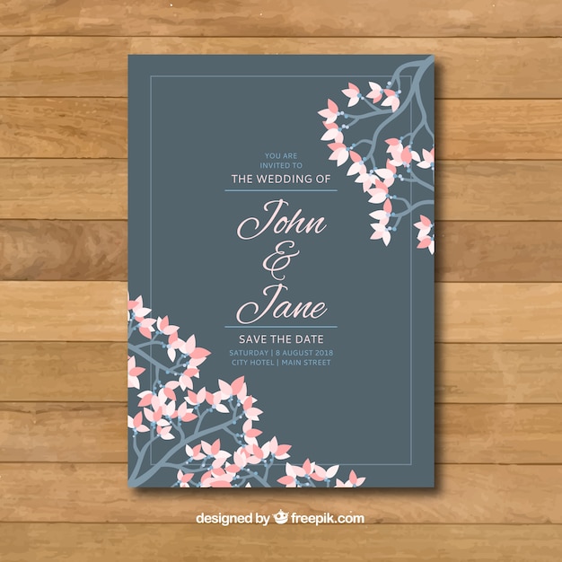 Free Vector wedding invitation with flowers in flat style