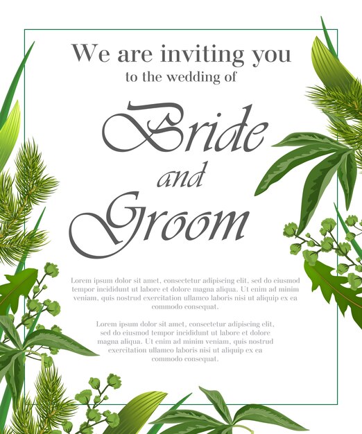 Wedding invitation with fur branches and green leaves. 