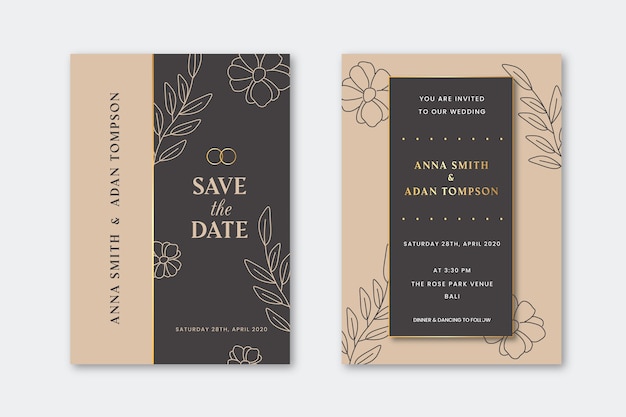 Wedding invitation with golden outline flowers