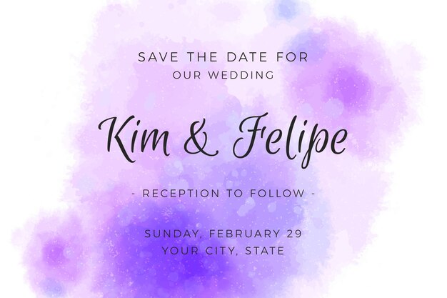 Wedding invitation with gradient watercolour violet stains