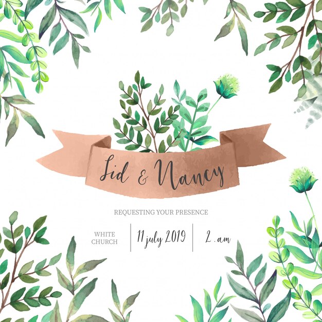 Wedding Invitation with Green Leaves