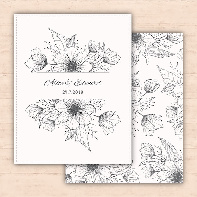 Wedding invitation with hand drawn flowers