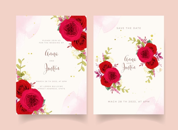 Wedding invitation with red roses flowers