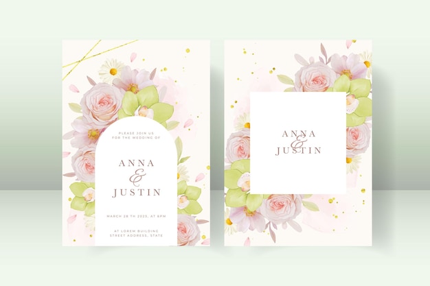 Wedding invitation with rose and green orchid