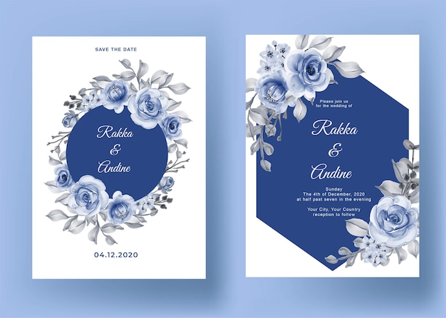 Wedding invitation with rose and leaf navy blue