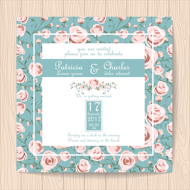 Wedding invitation with roses background