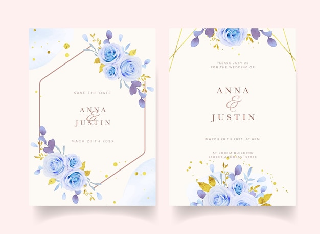 Wedding invitation with watercolor blue roses