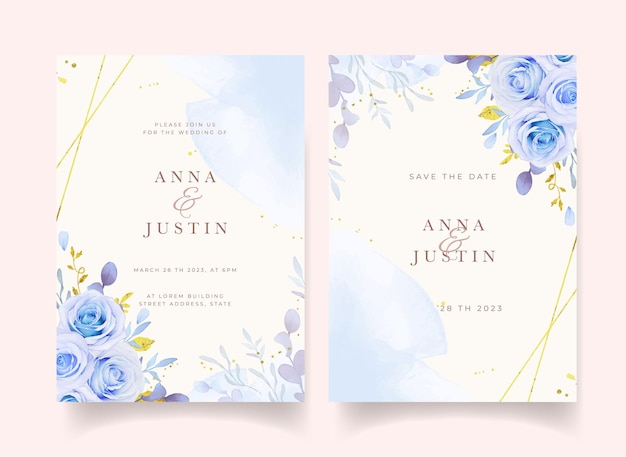 Wedding invitation with watercolor blue roses