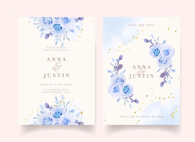 Wedding invitation with watercolor blue roses