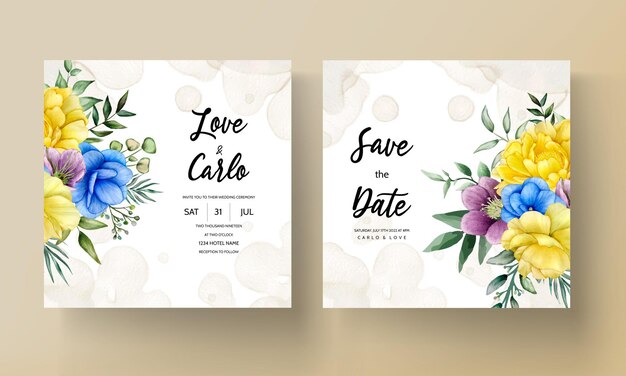 Wedding invitation with watercolor flower and leaves