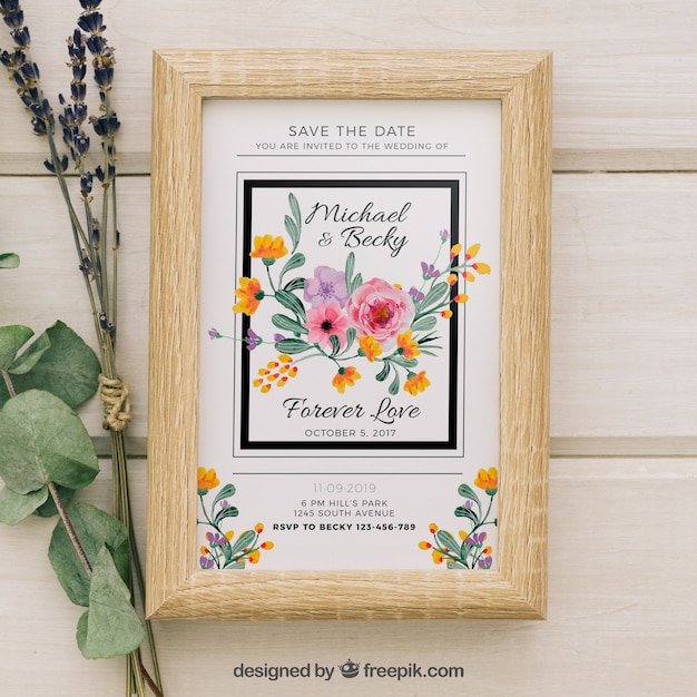 Wedding invitation with watercolor flowers