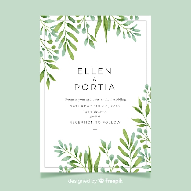 Free Vector wedding invitation with watercolor leaves