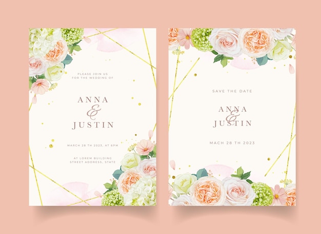 Wedding invitation with watercolor peach roses and hydrangea flower