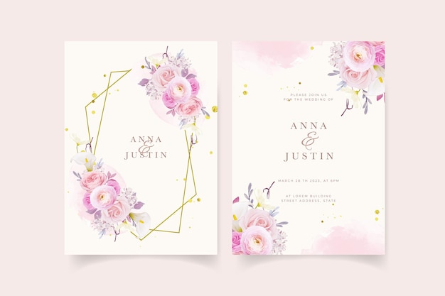 Wedding invitation with watercolor pink rose  lily  and ranunculus flower