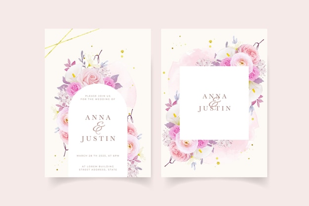 Wedding invitation with watercolor pink rose  lily  and ranunculus flower