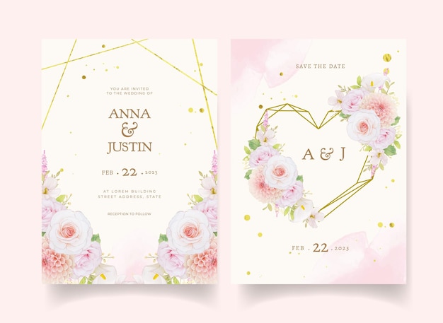 Wedding invitation with watercolor pink roses and dahlia