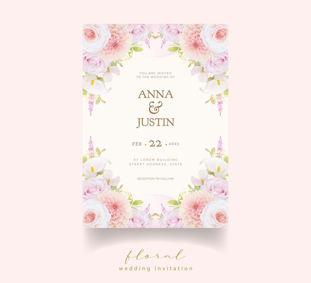 Wedding invitation with watercolor pink roses and dahlia