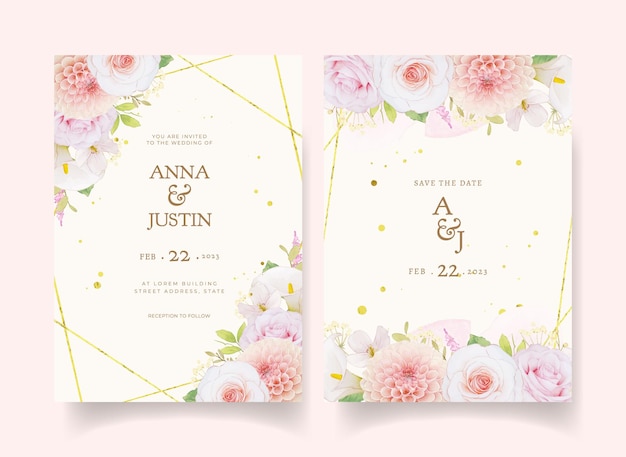 Wedding invitation with watercolor pink roses and dahlia