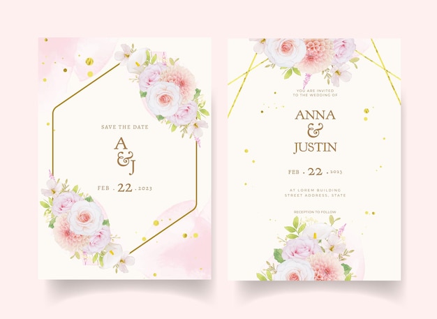 Wedding invitation with watercolor pink roses and dahlia