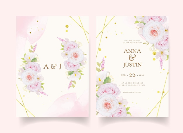 Wedding invitation with watercolor pink roses and dahlia