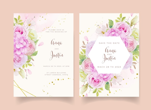 Wedding invitation with watercolor pink roses and hydrangea flower