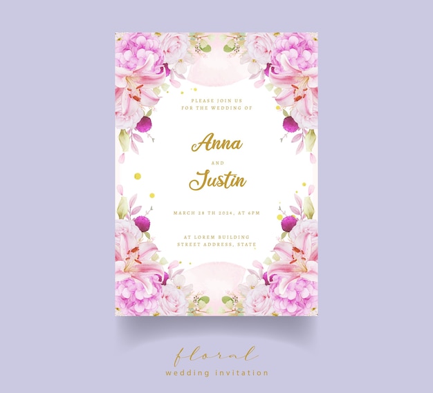 Wedding invitation with watercolor pink roses  hydrangea  and lily