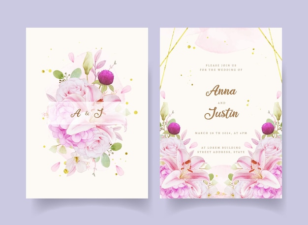 Wedding invitation with watercolor pink roses  hydrangea  and lily