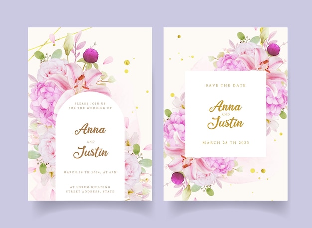 Wedding invitation with watercolor pink roses  hydrangea  and lily