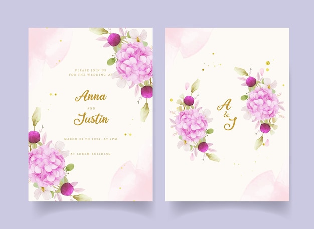 Wedding invitation with watercolor pink roses  hydrangea  and lily