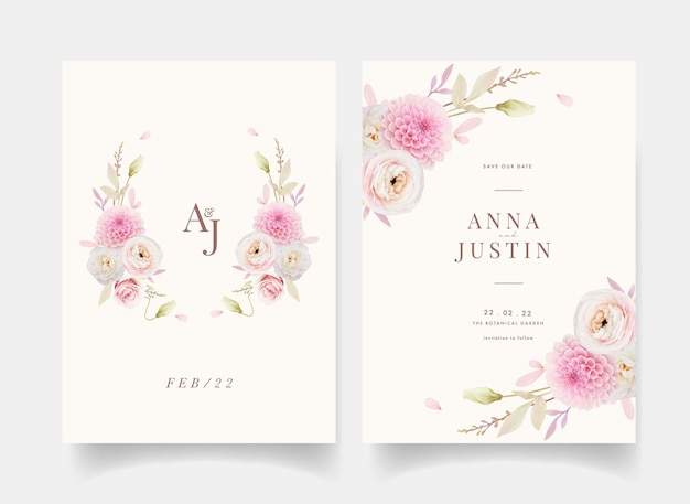 Wedding invitation with watercolor pink roses ranunculus and dahlia